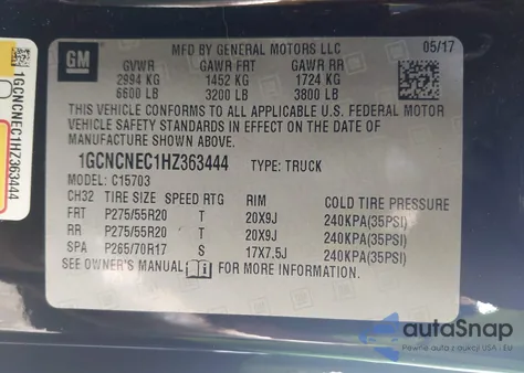 2017 Chevrolet Silverado 1500 Wt из США, поврежденный, VIN 1GCNCNEC1HZ363444